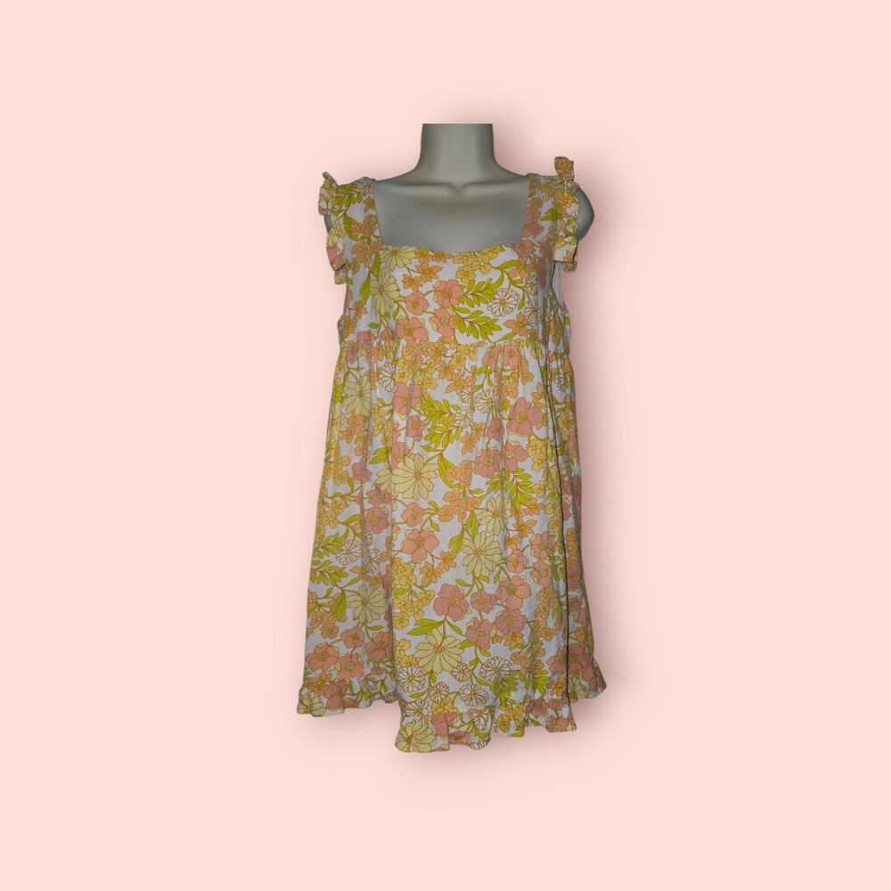 Girl and the Sun Izzy Mini Dress Retro Floral Ruffle Babydoll Orange Yellow S